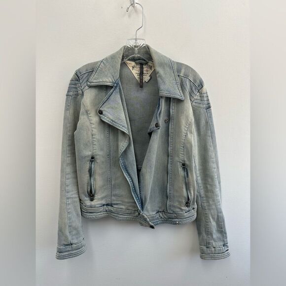 Y2K Light Wash Denim Biker Jacket Tommy Hilfiger Zip Front Silver Hardware S - Picture 7 of 15